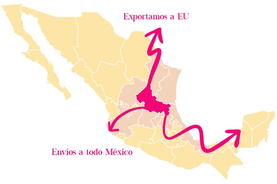 Mapa de México que muestra la ubicación de bolsarama y las ciudades a donde envia bolsas mandaderas